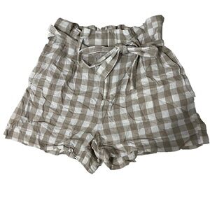 A New Day Paper Bag Tie Waist Beige and White Plaid Linen Shorts Women’s size M